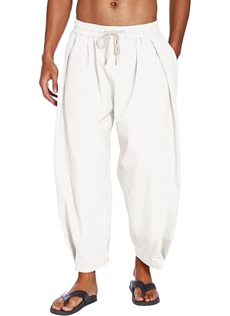COOFANDY Men's Cotton Linen Harem Pants Drawstring Casual Cropped Trousers Lightweight Loose Beach Yoga Pants with Pockets